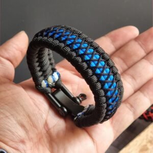 handmade survival paracord bracelet made of black, light blue paracords with shackle buckle