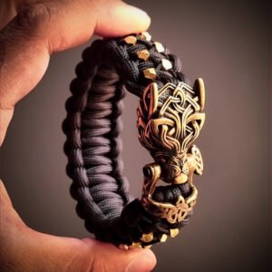 mythical Bear tribal buckle paracord bracelet with silver, gold and black paracord