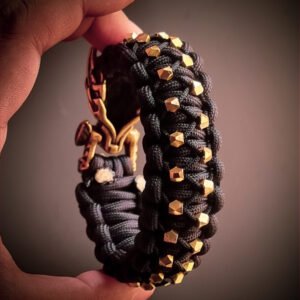 mythical Bear tribal buckle paracord bracelet with silver, gold and black paracord