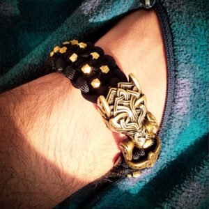 mythical Bear tribal buckle paracord bracelet with silver, gold and black paracord