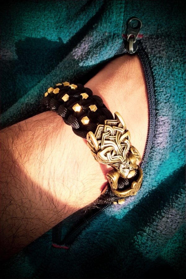 mythical Bear tribal buckle paracord bracelet with silver, gold and black paracord