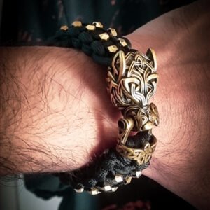 mythical Bear tribal buckle paracord bracelet with silver, gold and black paracord