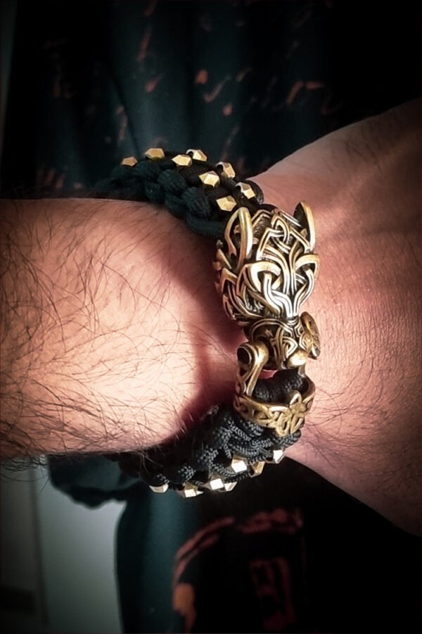 mythical Bear tribal buckle paracord bracelet with silver, gold and black paracord