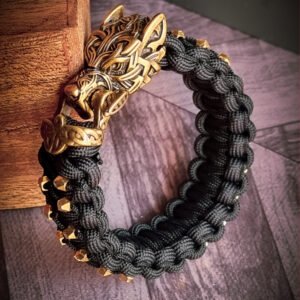 mythical Bear tribal buckle paracord bracelet with silver, gold and black paracord