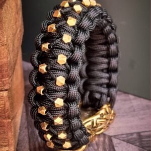 mythical Bear tribal buckle paracord bracelet with silver, gold and black paracord