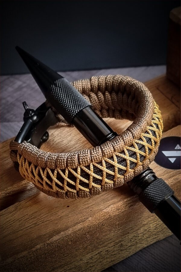 handmade paracord bracelet from Brown and golden paracord type 3 with shackle bukle