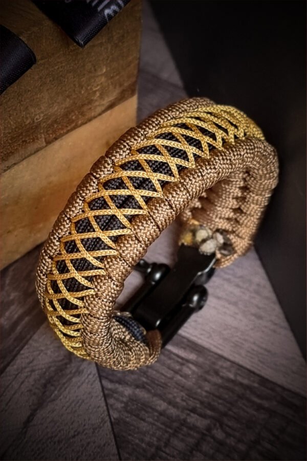 handmade paracord bracelet from Brown and golden paracord type 3 with shackle bukle