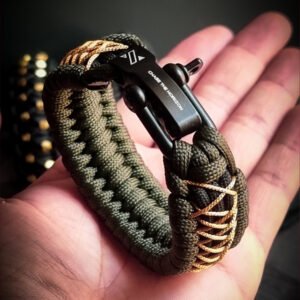 handmade paracord bracelet from green and golden paracord type 3 with shackle bukle