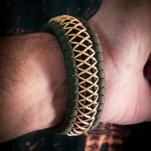 handmade paracord bracelet from green and golden paracord type 3 with shackle bukle