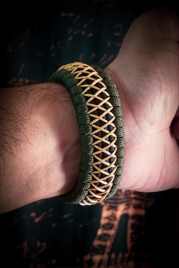 handmade paracord bracelet from green and golden paracord type 3 with shackle bukle