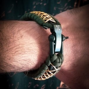 handmade paracord bracelet from green and golden paracord type 3 with shackle bukle