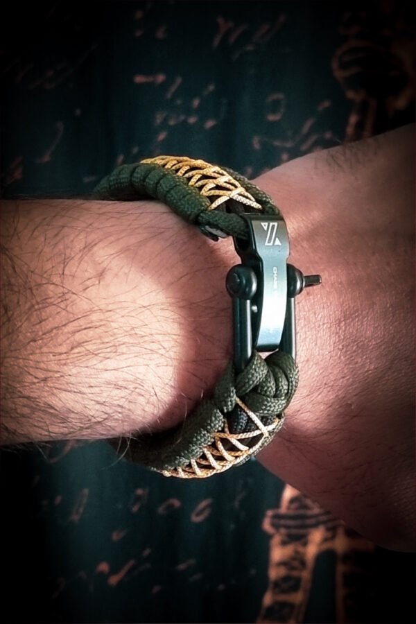 handmade paracord bracelet from green and golden paracord type 3 with shackle bukle