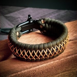 handmade paracord bracelet from green and golden paracord type 3 with shackle bukle