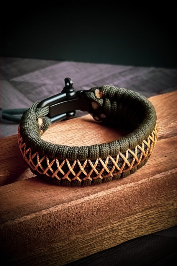 handmade paracord bracelet from green and golden paracord type 3 with shackle bukle