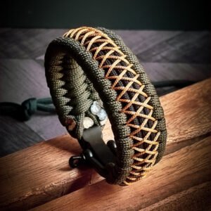 handmade paracord bracelet from green and golden paracord type 3 with shackle bukle