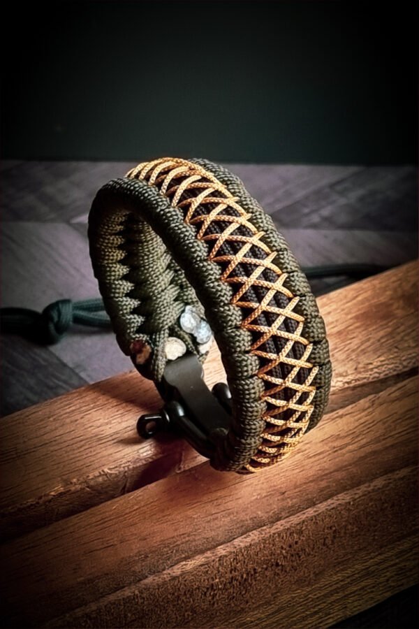 handmade paracord bracelet from green and golden paracord type 3 with shackle bukle