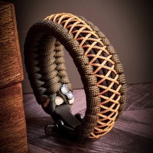 handmade paracord bracelet from green and golden paracord type 3 with shackle bukle