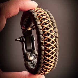 handmade paracord bracelet from green and golden paracord type 3 with shackle bukle