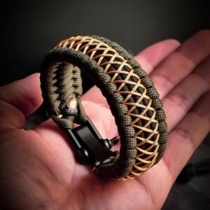 handmade paracord bracelet from green and golden paracord type 3 with shackle bukle