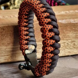 handmade paracord bracelet made with orange camo and black paracord 550 with shackle buckle