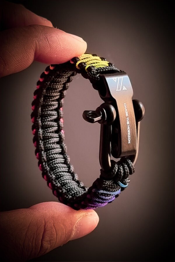 handmade mini paracord bracelet with black and rainbow paracord 2mm with shackle design