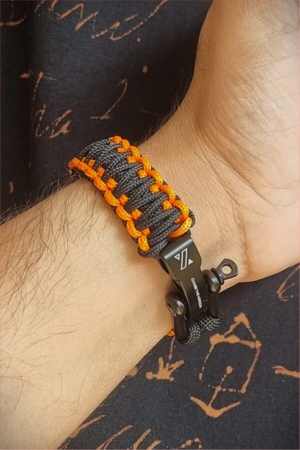 orange and black handmade 2mm paracord tactical bracelet with shackle buckle design