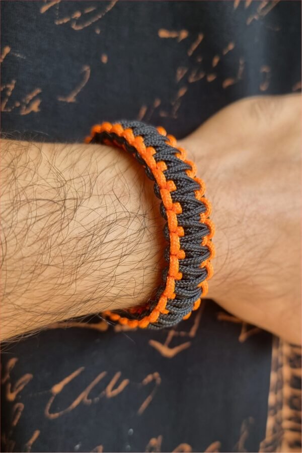 orange and black handmade 2mm paracord tactical bracelet with shackle buckle design