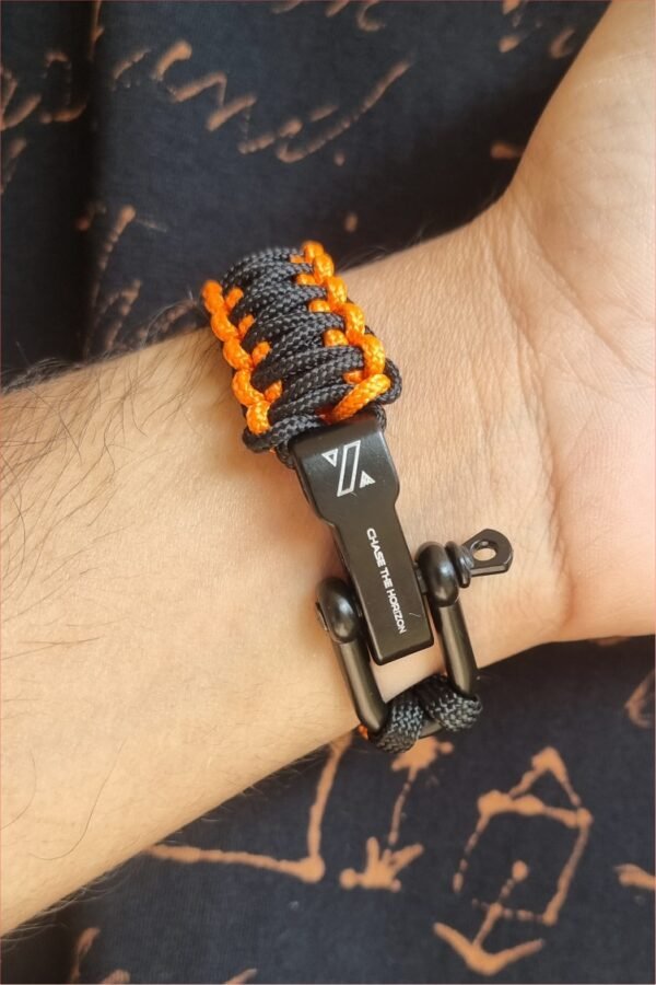 orange and black handmade 2mm paracord tactical bracelet with shackle buckle design