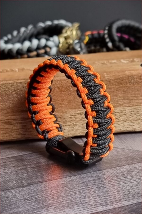 orange and black handmade 2mm paracord tactical bracelet with shackle buckle design