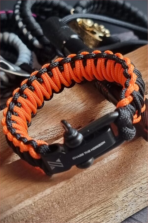 orange and black handmade 2mm paracord tactical bracelet with shackle buckle design