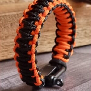 orange and black handmade 2mm paracord tactical bracelet with shackle buckle design