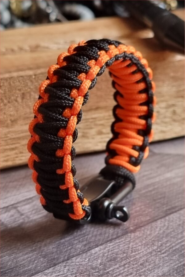 orange and black handmade 2mm paracord tactical bracelet with shackle buckle design