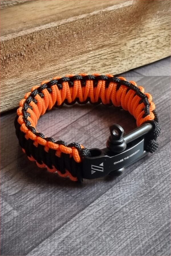 orange and black handmade 2mm paracord tactical bracelet with shackle buckle design