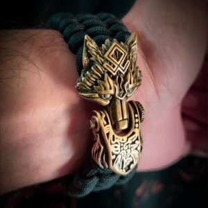 handmade Vikings wolf buckle paracord bracelet with brass beads