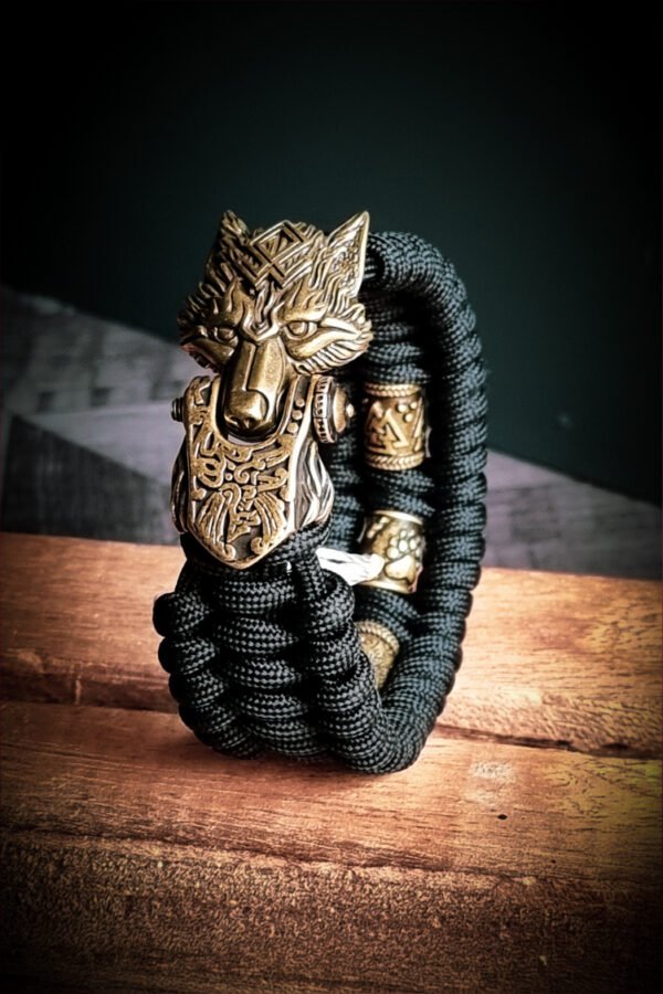 handmade Vikings wolf buckle paracord bracelet with brass beads