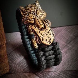 handmade Vikings wolf buckle paracord bracelet with brass beads