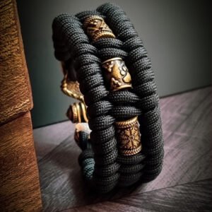 handmade Vikings wolf buckle paracord bracelet with brass beads