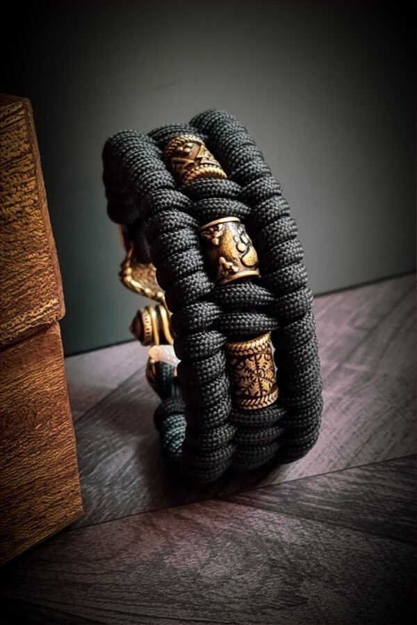 handmade Vikings wolf buckle paracord bracelet with brass beads