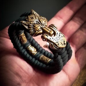 handmade Vikings wolf buckle paracord bracelet with brass beads