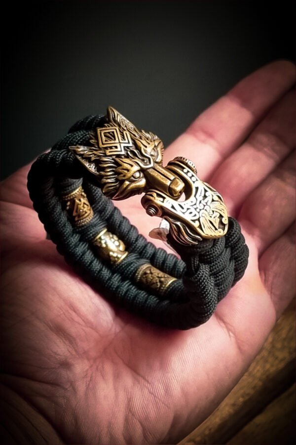 handmade Vikings wolf buckle paracord bracelet with brass beads