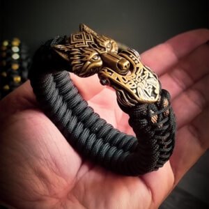 handmade Vikings wolf buckle paracord bracelet with gold line