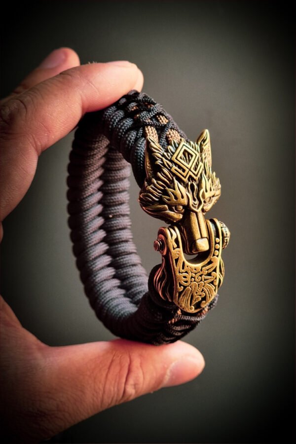 handmade Vikings wolf buckle paracord bracelet with gold line