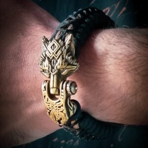 handmade Vikings wolf buckle paracord bracelet with gold line