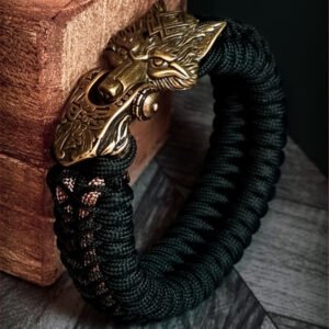 handmade Vikings wolf buckle paracord bracelet with gold line