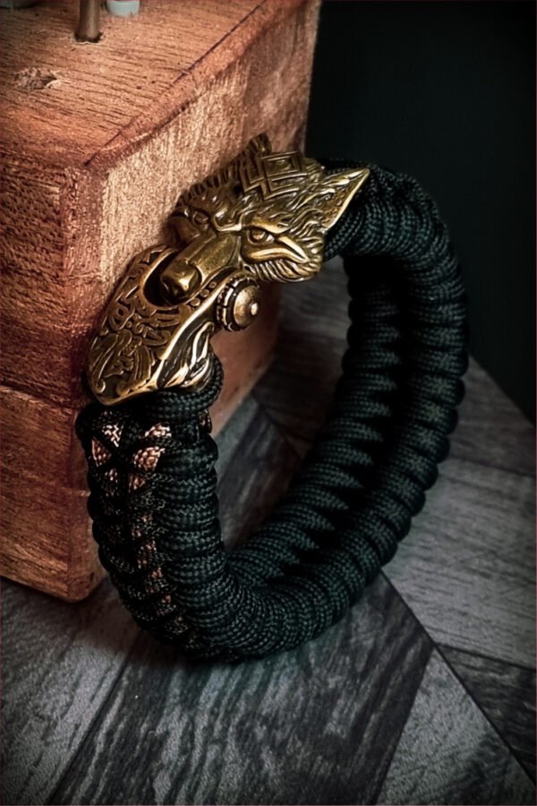 handmade Vikings wolf buckle paracord bracelet with gold line