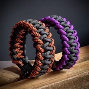 handmade stitched paracord bracelet made with 4mm black, purple, orange camo paracords, with brass adjustable shackle buckle