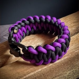 handmade stitched paracord bracelet made with 4mm black, purple, orange camo paracords, with brass adjustable shackle buckle