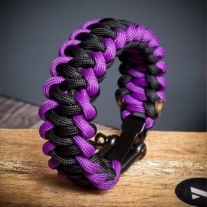 handmade stitched paracord bracelet made with 4mm black, purple, orange camo paracords, with brass adjustable shackle buckle