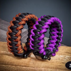handmade stitched paracord bracelet made with 4mm black, purple, orange camo paracords, with brass adjustable shackle buckle