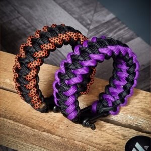 handmade stitched paracord bracelet made with 4mm black, purple, orange camo paracords, with brass adjustable shackle buckle